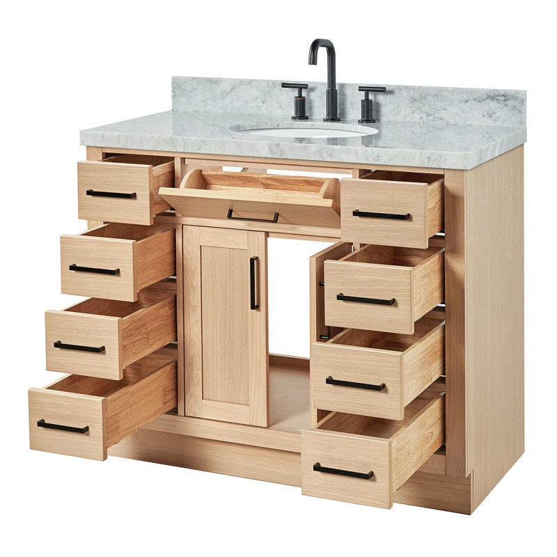 Thornaby 42'' Solid Wood Single Bathroom Vanity with 1.5'' Carrara Marble Top, Natural Oak / Matte Black, Oval