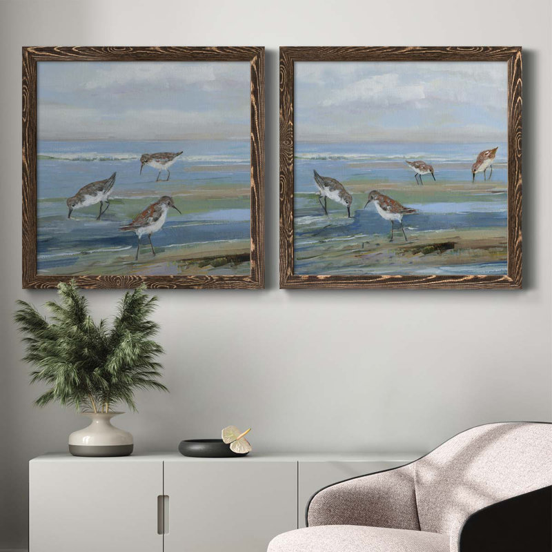 Seabird Beach I - ensemble de 2 peintures sur toile encadrées, Cadre noyer, H 31,5 po x l 63 po x P 1,5 po
