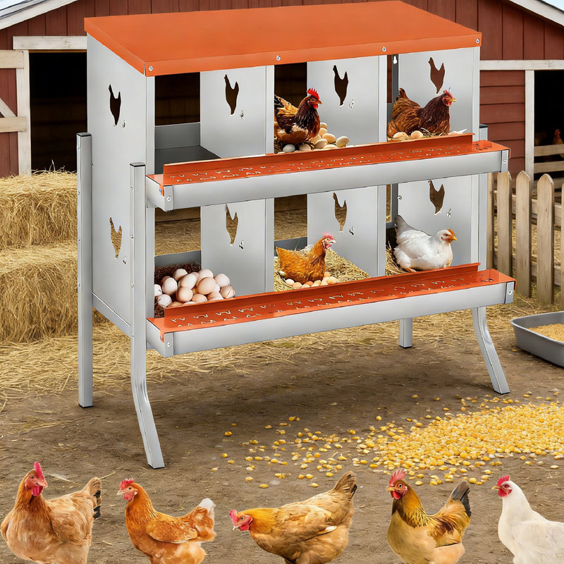 Chicken Nesting Boxes with Bracket Legs,Two-Tier Metal Chicken Egg Laying Box with 6 Compartments Large Vented Holes for Egg Collection,Orange