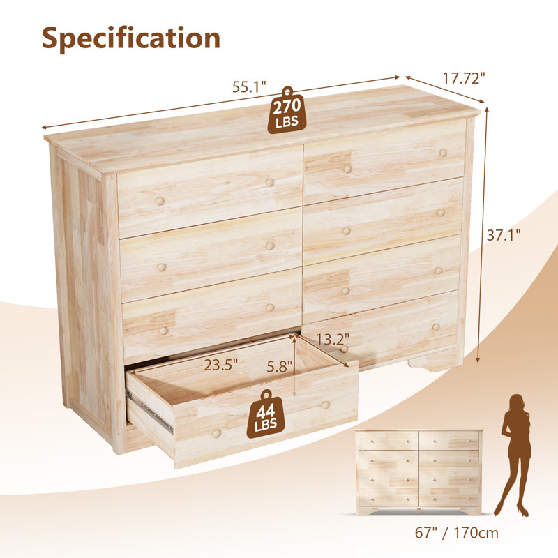 Natural Rubberwood And MDF Double-Row Eight-Drawer Cabinet (1Pc)