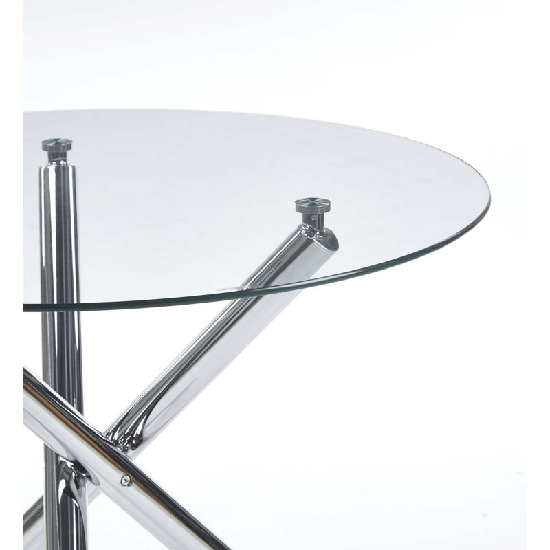 Table de salle à manger ronde avec pieds en métal et verre trempé, table de cuisine moderne peu encombrante, Chrome chrome
