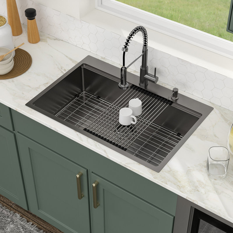 Évier de cuisine 36 po à cuve simple encastrable en acier inoxydable avec robinet et accessoires