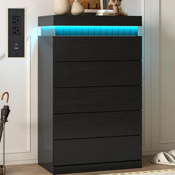 Wrought Studio™ Tall Black Dresser For Bedroom, Modern 5 Wood Drawers ...