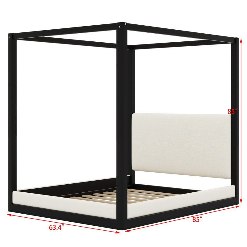 Structure de lit à baldaquin en bois classique, lit plateforme robuste avec tête de lit tapissier confortable, Black, Queen