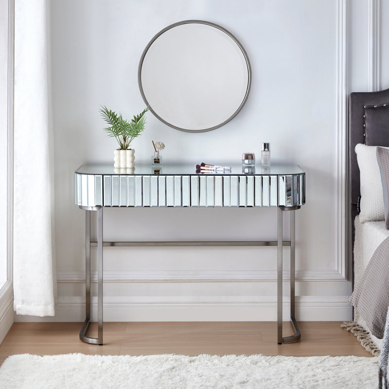 Console à miroir de 39 po avec base en acier inoxydable, 2 tiroirs de fabrication créative, polyvalente pour la chambre à coucher et le bureau, argent, élégance contemporaine et chic