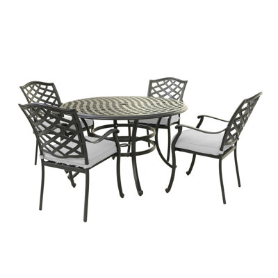 Ensemble repas d'extérieur rond en aluminium 5 pièces avec 4 fauteuils, argent coulé