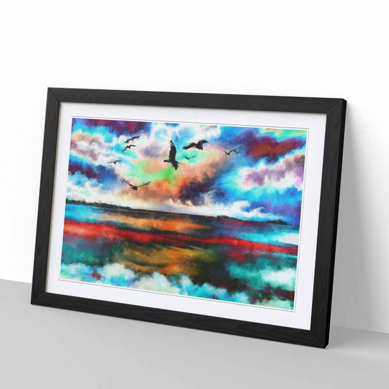 Birds over a Colourful Ocean - Picture Frame Painting, 36cm H x 48cm W x 2cm D, Black Framed