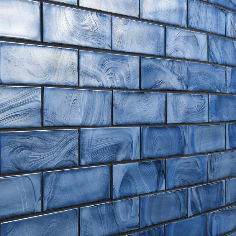Glamor Iridescent 11.81" x 11.81" Subway Tile Look Glass Mosaic Wall Tile, Sky Blue