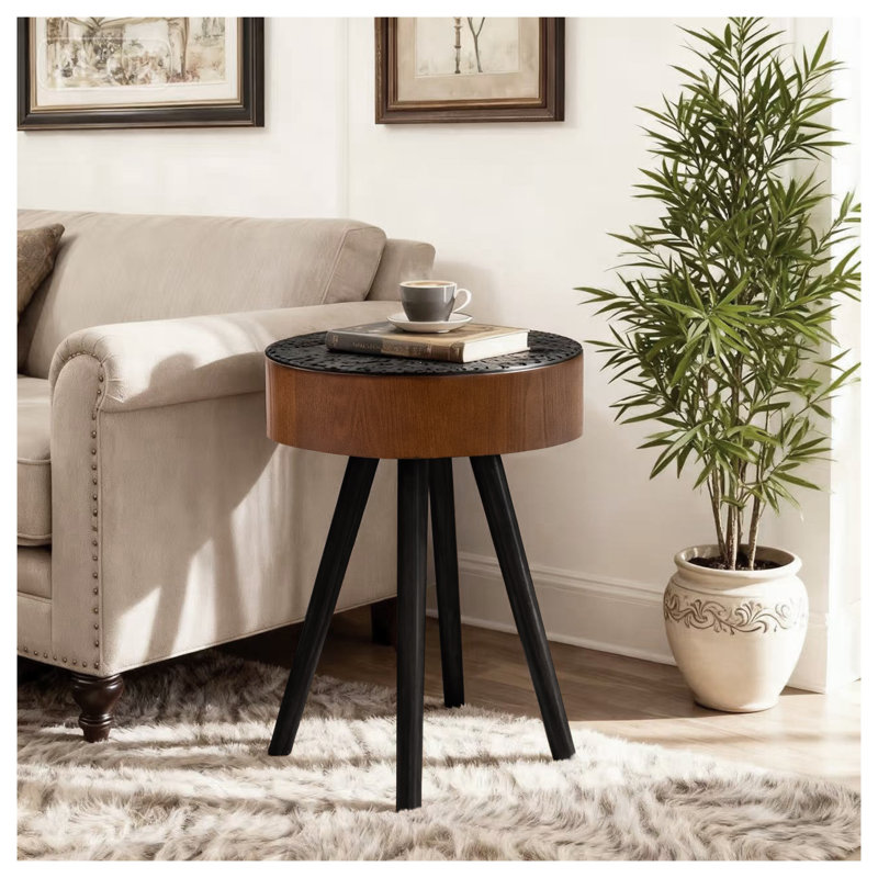 Table d'appoint ronde, table d'appoint en bois brun de 15,7 pouces avec pieds courbés pour le salon ou la chambre à coucher