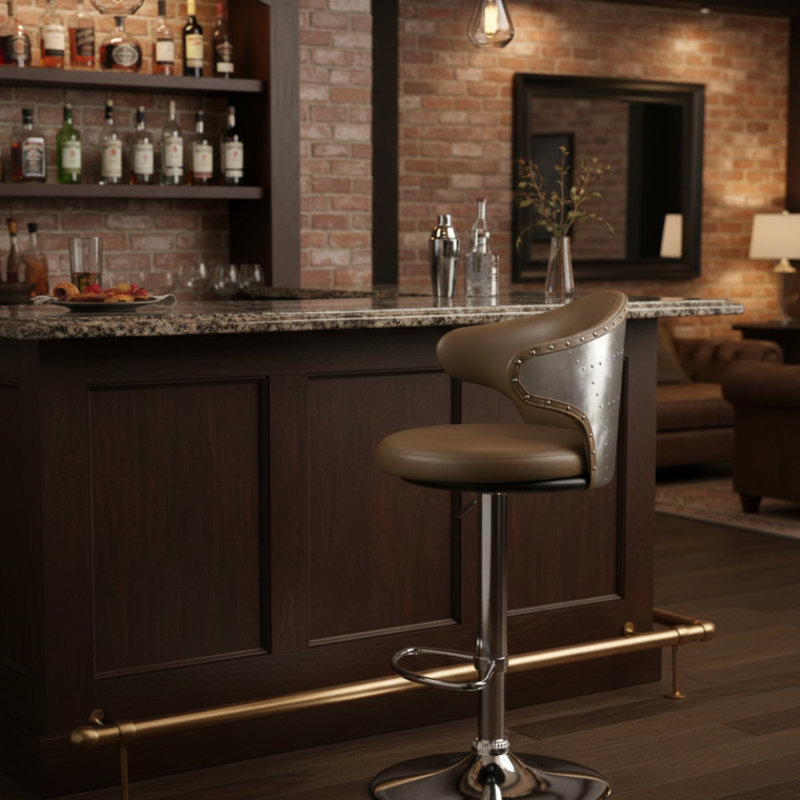 Tabouret en cuir brun avec structure en aluminium chromé