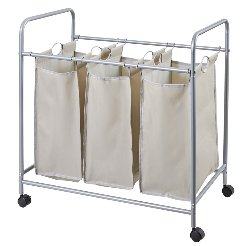  Chariot de trieur de linge à 3 sections avec roues de couleur grise | Panier à linge roulant | Organisateur de vêtements robuste