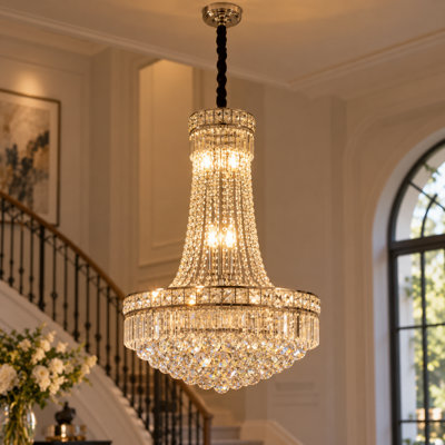 Lustre Empire argenté à six niveaux en cristal de 61 cm (24 pouces) avec perles en cascade pour une ambiance majestueuse dans le salon, la salle à manger et le hall d'entrée