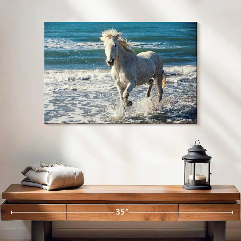 Brampt Camargue qui court sur la plage, H 16 po x l 24 po