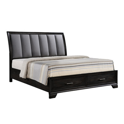 Lit Queen capitonné Ultra avec rangement, design contemporain, finition grise, bois massif, tête de lit à extension complète en métal et tiroirs de rangement, dossier français-anglais