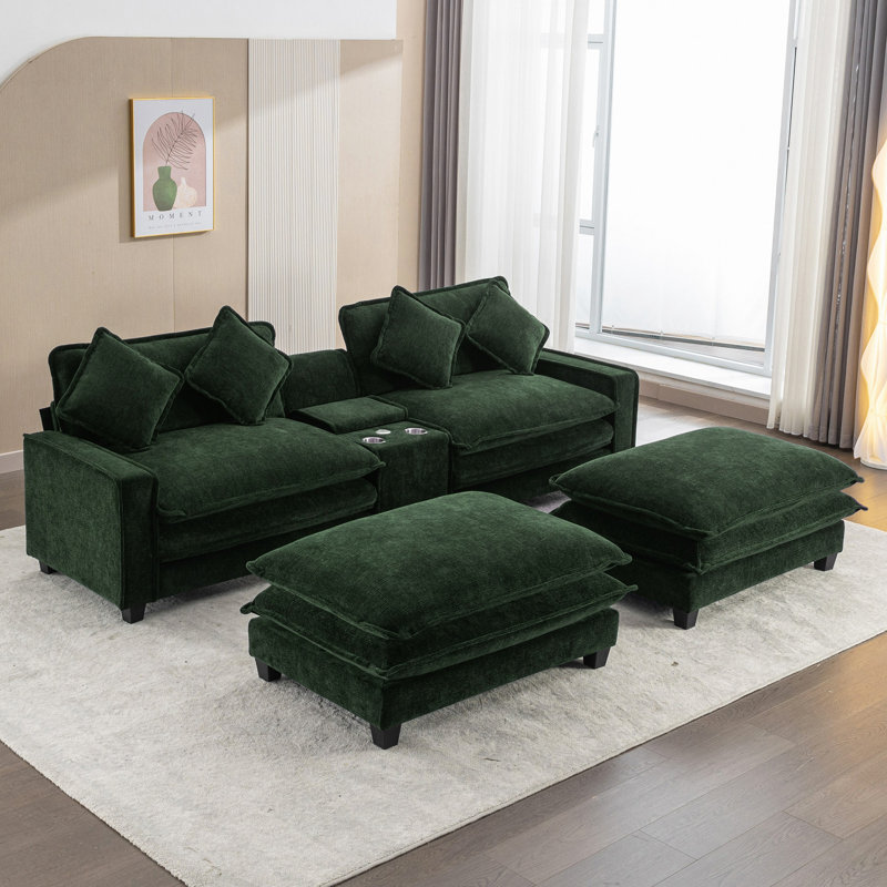 Canapé modulaire en chenille de 111 po avec deux repose-pieds amovibles, deux ports USB, deux porte-gobelets et une grande boîte de rangement pour le salon