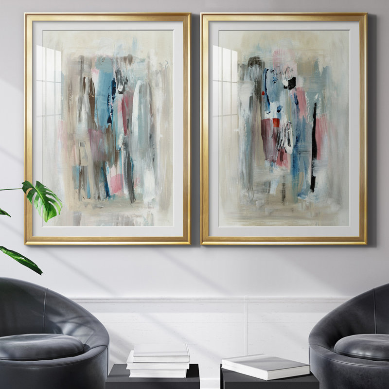 «Rain Shadow I», ensemble de 2 reproductions d'art, Blanc, H 26,5 po x l 73 po x P 1,5 po, Papier encadré doré