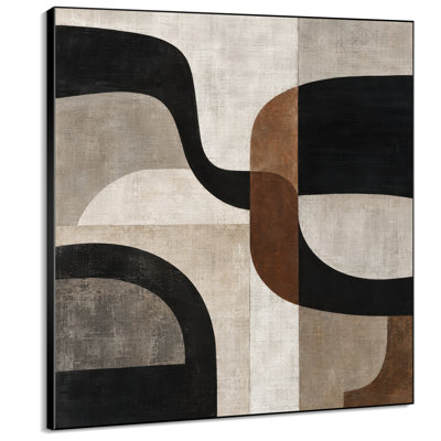 Impression sur tissu grand format - Motif géométrique abstrait rétro noir, taupe et beige, aux courbes douces, pour salon ou chambre - « Assemblage du cadre requis (cadre non fini) »