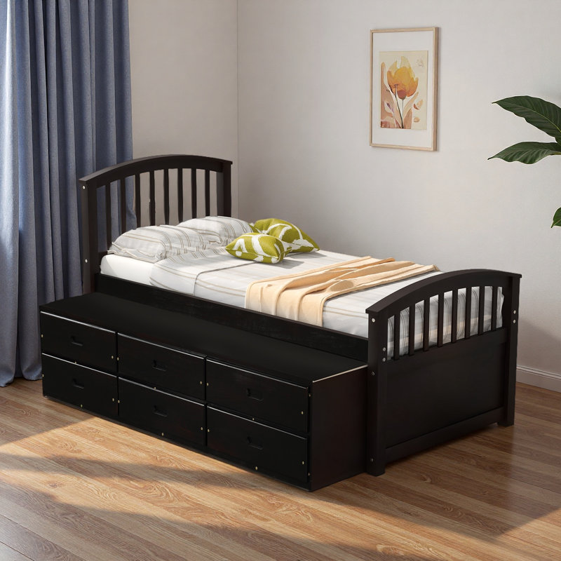 Lit standard 6 tiroirs en bois massif, Espresso