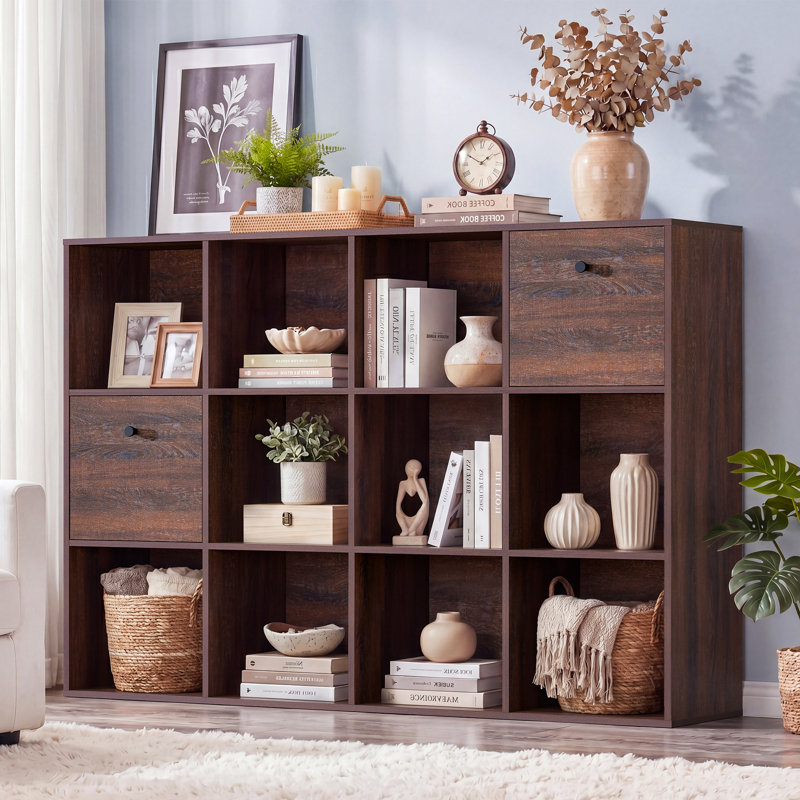 47" W Cube Storage Shelf with 12 Cubes & 2 Fabric Drawers, Rustic Wood Walnut Bookcase & Display Cabinet for Study, Bedroom, Living Room & Office, Individual
