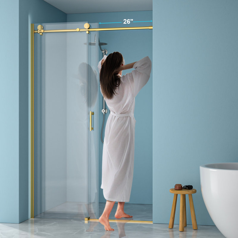 Space - Saving, Single Slide Bathroom Door, 48" 48.8", 8Mm Tempered Glass, Gold Frame, Rust 48"W X 76"H Shower 304 Stainless Steel Reversible Left Right, Water Screen, Slip