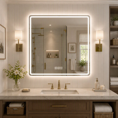 Miroir de salle de bain 36 x 36 DEL, miroir de meuble-lavabo lumineux à intensité variable avec bande lumineuse givrée, 3 températures de couleur, antibuée, mémoire et arrêt automatique après 2 heures