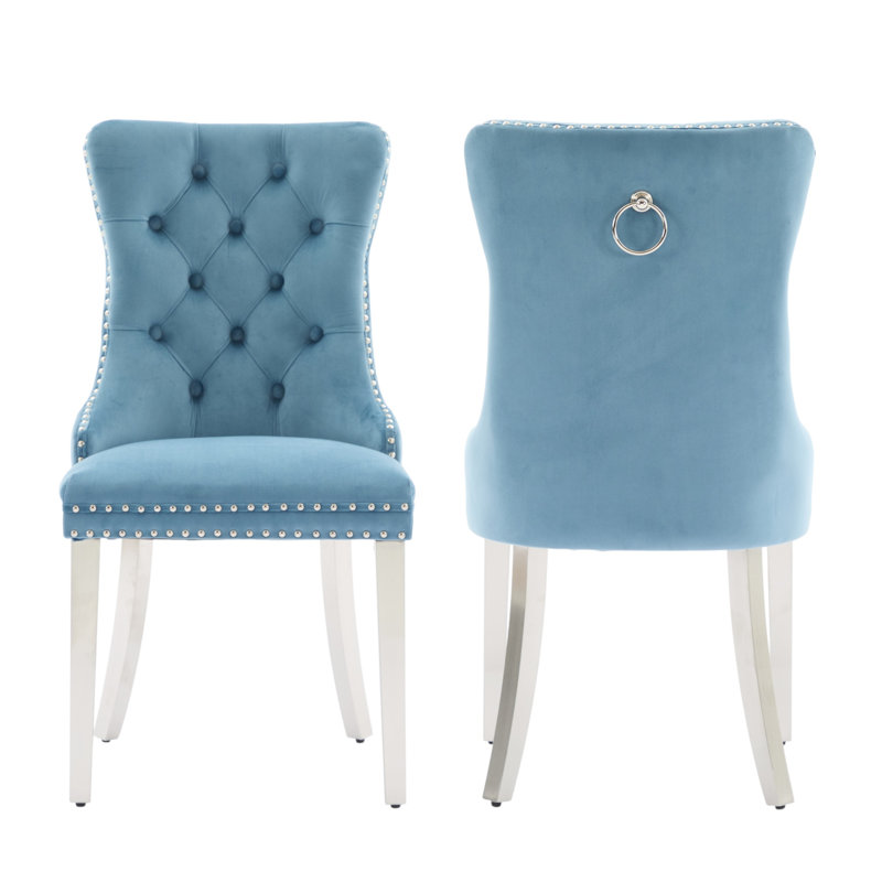 Tufted Velvet Wing Back Side Dining Chairs, Light Blue, Brushed Nickel