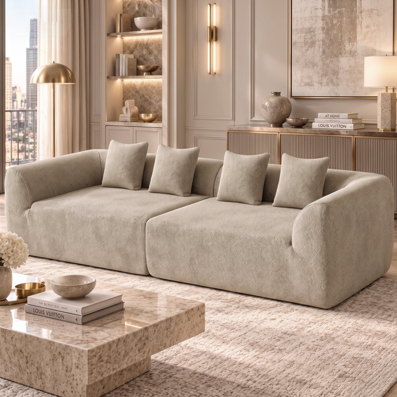 Boneless 120"W Oversized Sofa Chenille Comfy Couch With Deep Seat And Low Back, Light Brown