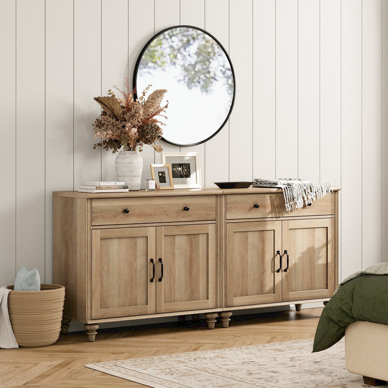 Farmhouse Nightstand With 4 Wood Doors, 2 Drawers Mid Century Modern Wooden Closet Storage Organizer, For Bedroom Or Living Room