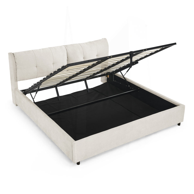 Lit plateforme tapissier avec rangement et tête de lit hydraulique en tissu chenille, Noir, Grand lit