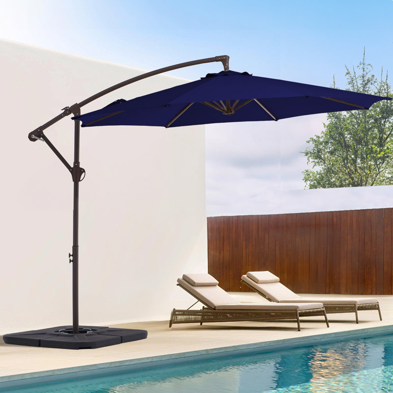 Parasol en porte-à-faux décalé en acier avec manivelle 120 po Haque, Bleu marine, H 98,4 po x l 120 po x P 120 po