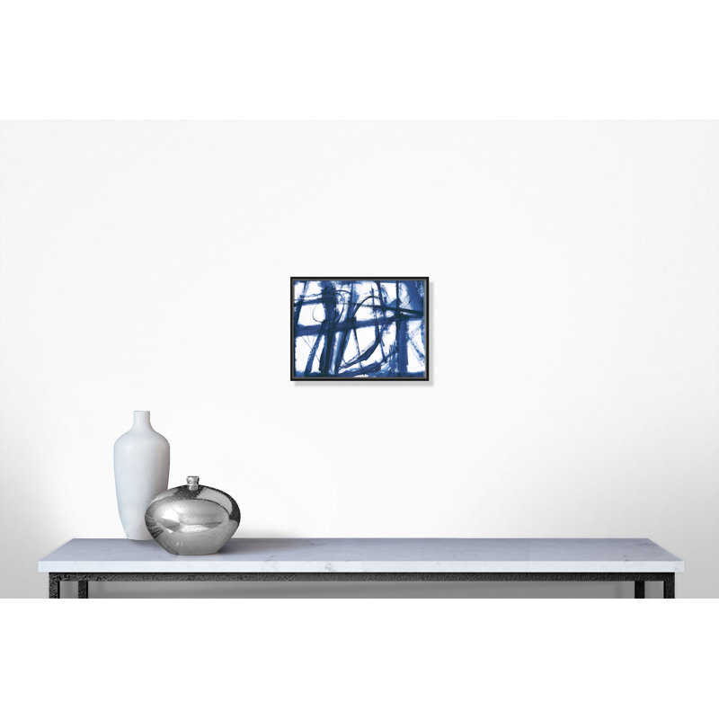 Ludique indigo-floater, peinture sur toile, Cadre noir, H 18 po x l 24 po x P 2 po