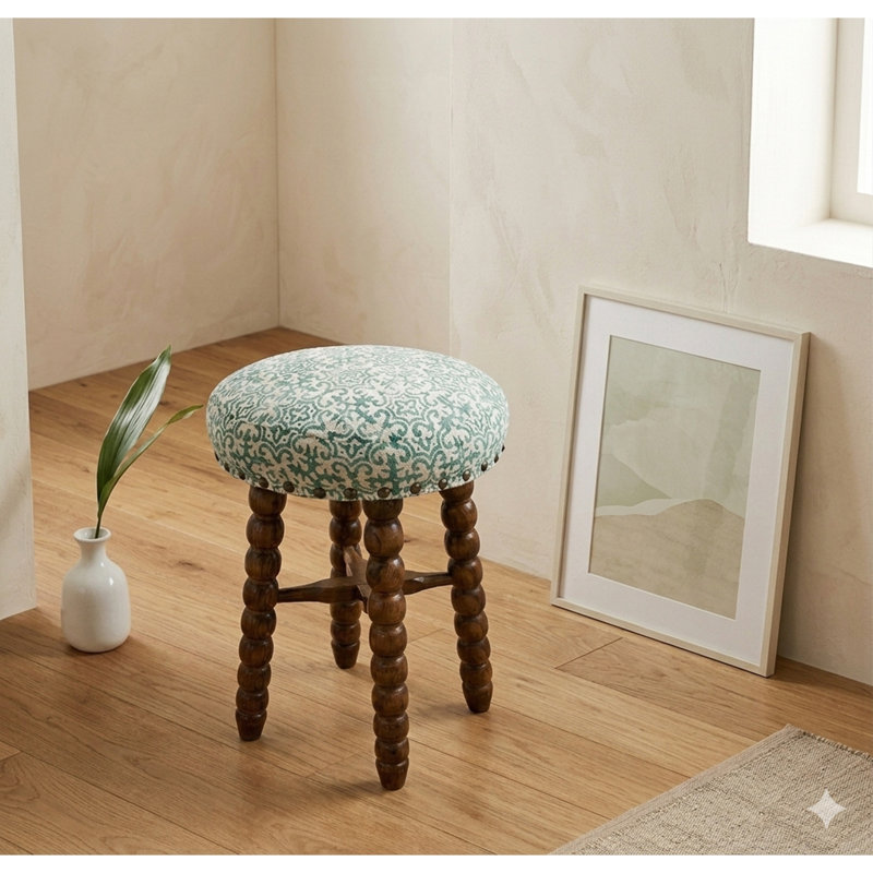 Tabouret de bar rembourré avec structure en bois d'acacia massif, Green Damask, Short Stool (18” Seat Height)
