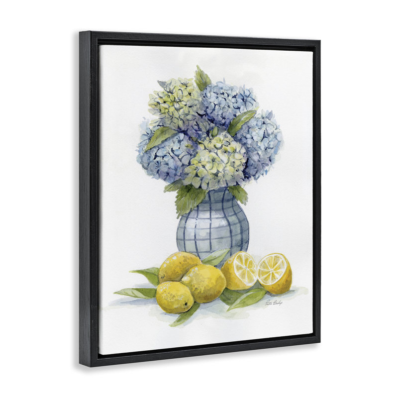 Cadre flottant hydrangées et grappes de citrons, design par Patti Bishop, H 21 po x l 17 po, Cadre flottant noir de jais