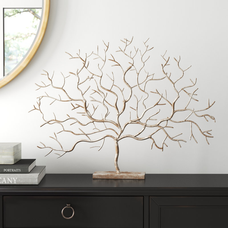 Sculpture d'arbre décorative en métal argent de 32 po x 4 po x 24 po