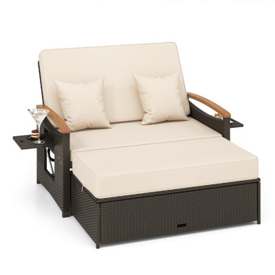 Lit de jour d'extérieur en osier avec panneaux pliants et repose-pieds de rangement, vert