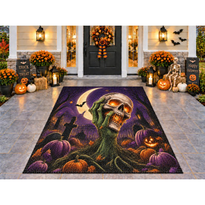 Tapis d'extérieur 152 x 213 cm (5 pi x 7 pi) motif lune d'Halloween, épais, imperméable, en PVC bouclé, résistant, séchage rapide, idéal pour terrasse, balcon, entrée ou porche.