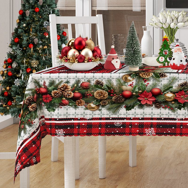 1pc round/rectangular polyester tablecloth, Christmas tablecloth with pine, snowman, truck, embosed edge, Christmas decorations for dining table, festival party holiday table decoration, perfect festival gift