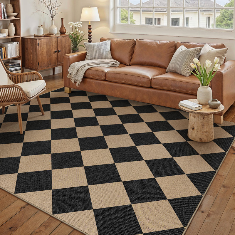 Tapis intérieur / extérieur en lin à motif de losanges lavables avec envers antidérapant Amelia, noir / brun