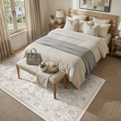 Tapis Rosalie lavable à la machine, motif floral vintage, avec envers antidérapant