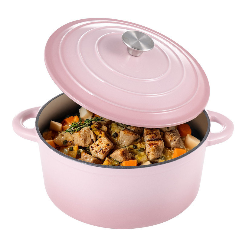 Faitout en fonte émaillée 6 pintes avec couvercle, cocotte en fonte avec deux poignées pour la cuisson du pain, cuisson, batterie de cuisine antiadhésive avec revêtement en émail, rose