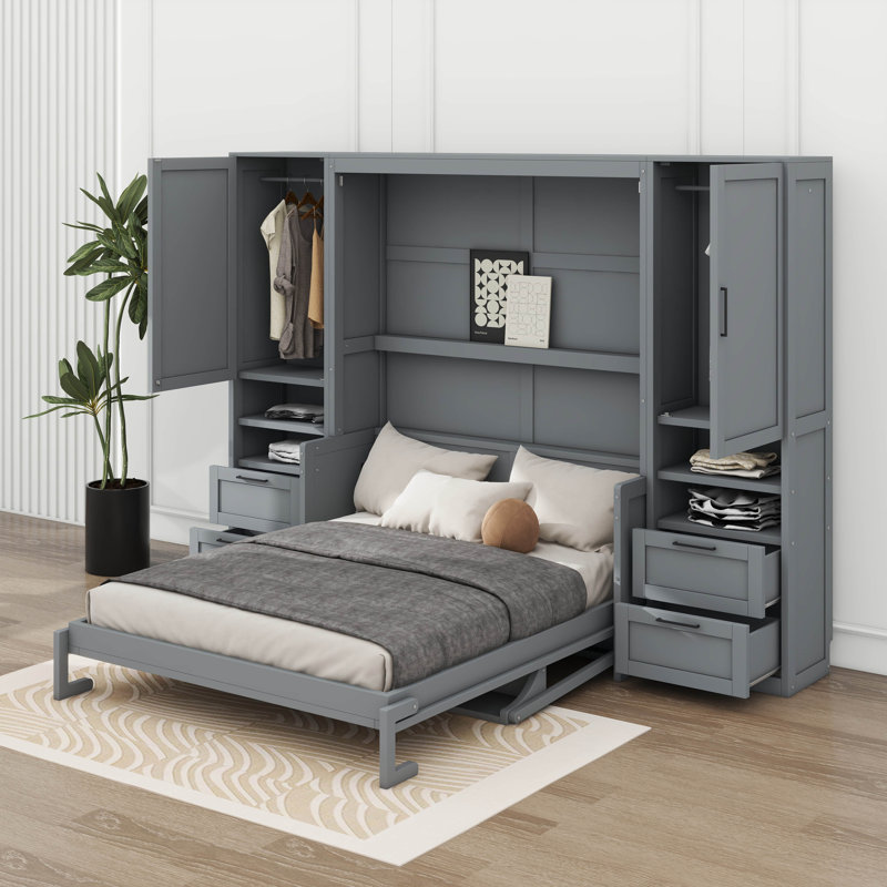Grand lit escamotable mural avec tiroirs et tablettes, Gris
