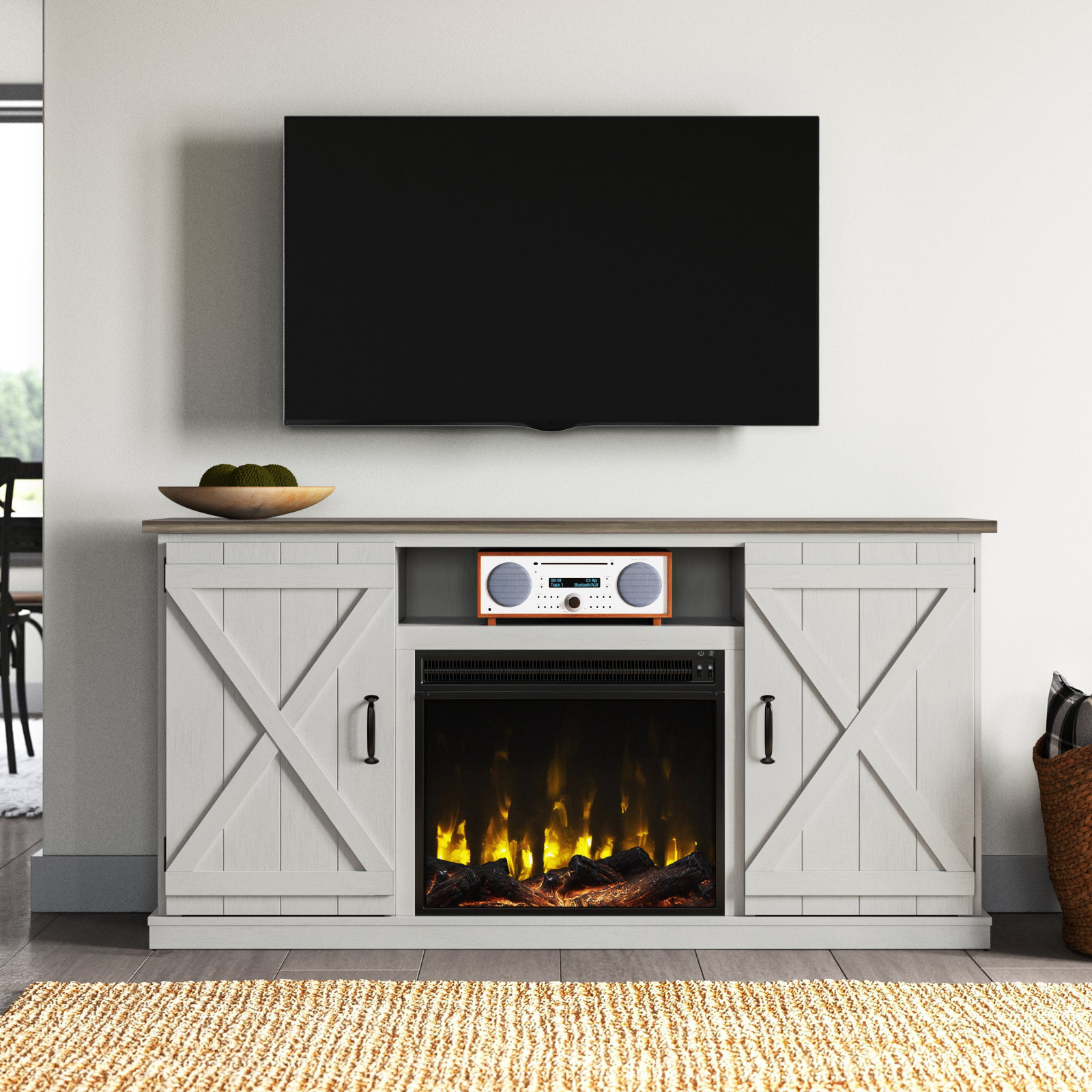 Lorraine TV Stand for TVS Up to 70 with Electric Fireplace Included Laurel Foundry Modern Farmhouse Color Old Wood White