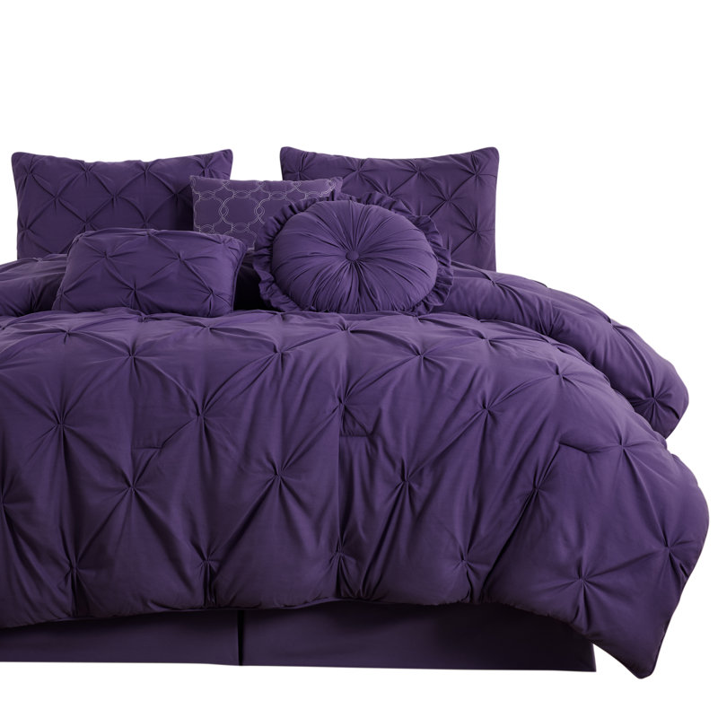 Sydney Pintuck Microfiber 7 Piece Comforter Set, Queen Comforter + 6 Additional Pieces, Purple