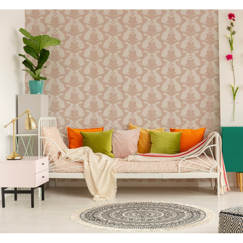Kids Rabbits 10' L x 24" W Peel and Stick Wallpaper Tile, Sunlit Rose, Faux Grasscloth, Non-pasted