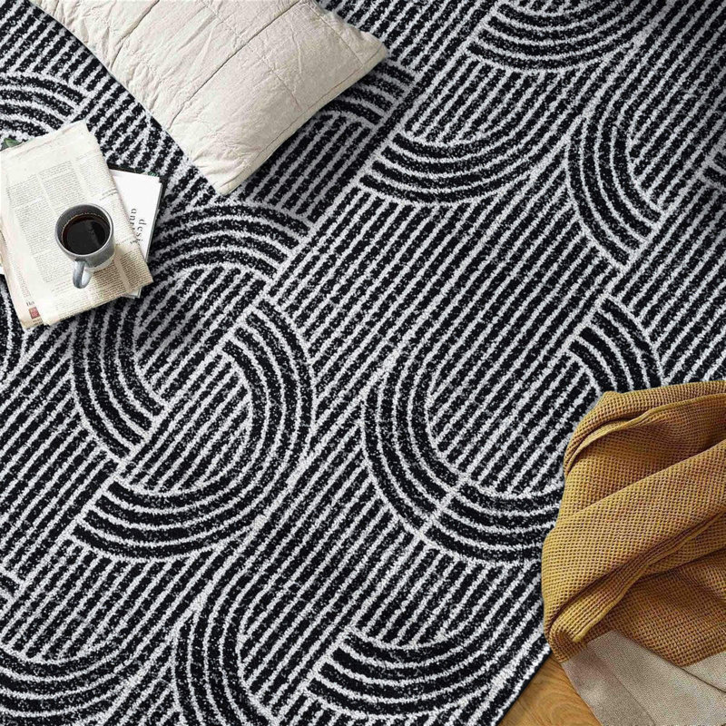 Tapis rayé à motif arche moderne Rambo noir / ivoire / gris, Rectangle 8 pi x 10 pi
