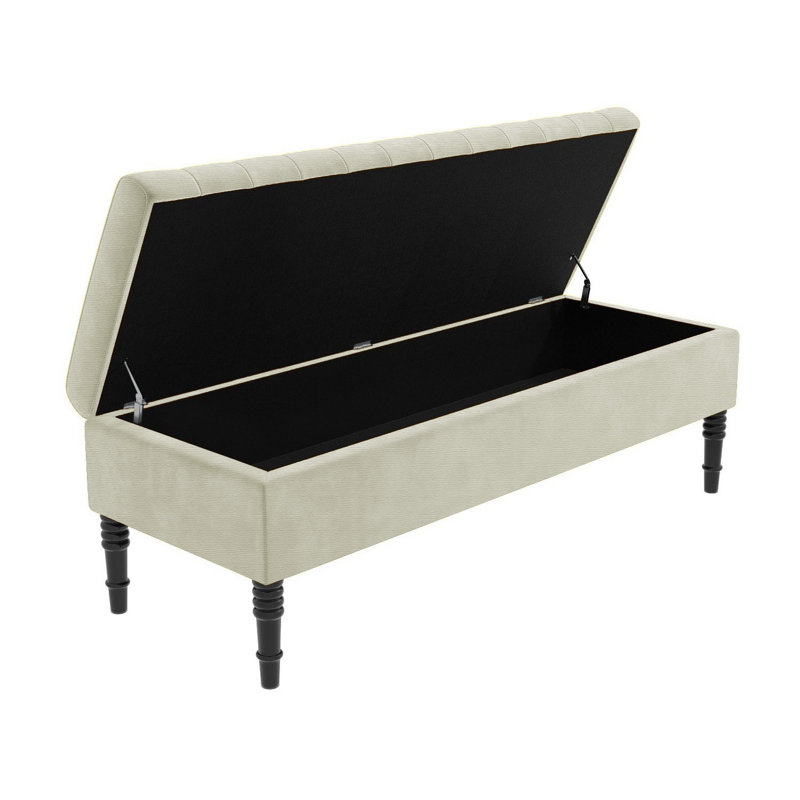 Safar Striped Ottoman Storage Bench – Upholstery Naples Shoe Bench with Black Turned Wooden Legs, Cream