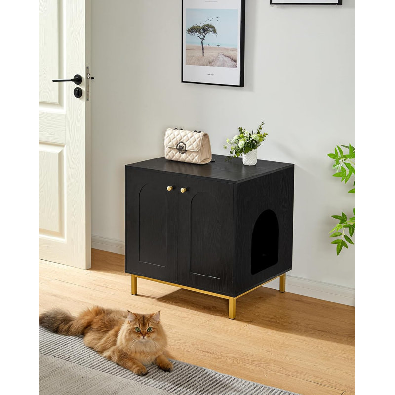 Black and Gold Wooden Cat Litter Box Enclosure with Metal Frame