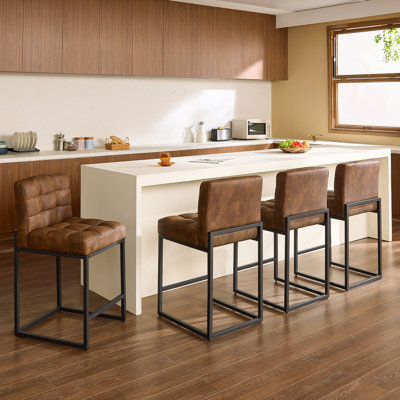 Modern Counter Height Bar Stools, 25 inch Checkered Wiring Thick Upholstered Barstools with Back Sturdy Metal Legs, Coffee Faux Leather Counter Stools for Kitchen Island(Set of 4)