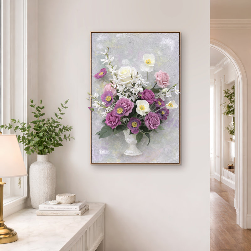Wall-Mounted 3D Faux Silk Floral Art Wall Accents - Handmade Pink Purple Rose Bouquet in Vase Hyper Realistic Botanical Arrangement Soft Pastel Floral Decor for Living Room Bedroom