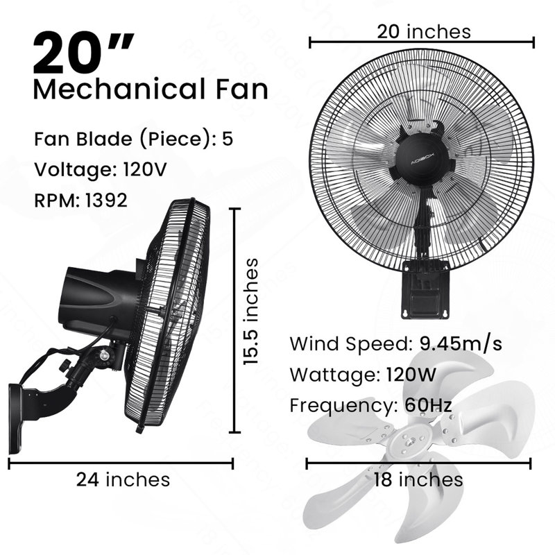 18 po Ventilateur mural 90 degrés à 5 vitesses à oscillation horizontale pour l'intérieur et l'extérieur
